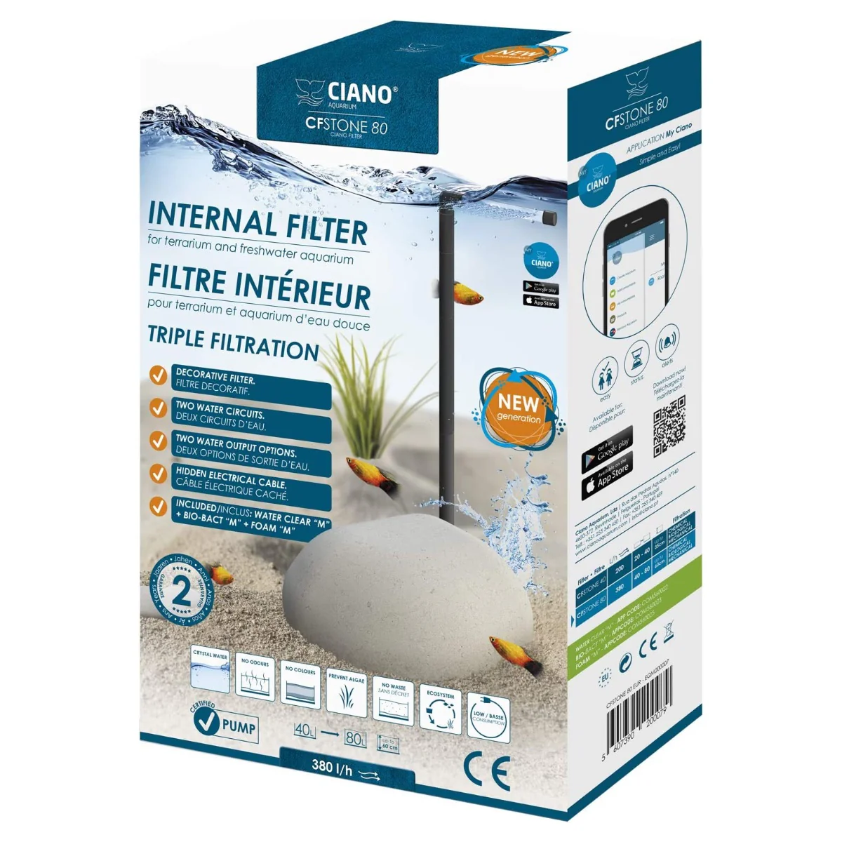 Ciano CF Stone 80 – Filtro Interno a Forma di Roccia per Acquari da 40 a 80 Litri