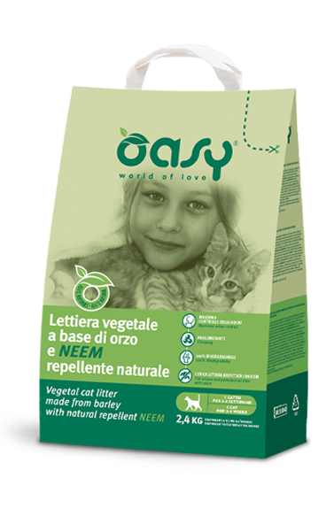 OASY CAT LETTIERA AGGLOMERANTE VEGETALE ORZO E NEEM 6LT ( 4 SACCHETTI DA 6LT PER IMBALLO)